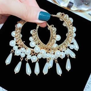 Gold 2-ish Inch Hoop + Faux Pearl Dangling Earring
